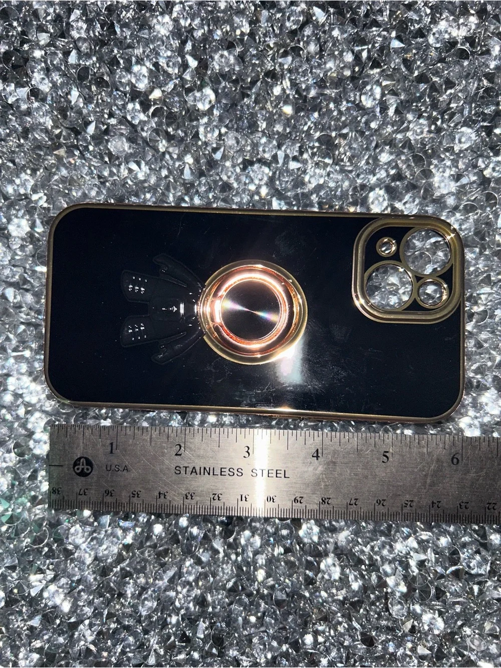 iPhone 15 Black and Gold Phone Ring Holder Case Accessory